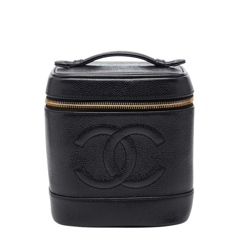 CHANEL Black Caviar Leather Logo Vanity Bag